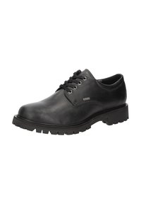 Scarpa nera in pelle con una texture liscia, punta arrotondata, design con lacci e suola robusta. Presenta occhielli argentati e dettagli di cucitura sottili.
