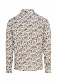 Chemise à manches longues avec col, arborant un motif floral intégral dans des nuances de bleu, marron et beige sur fond blanc.