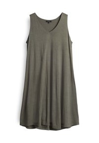 Sleeveless, V-neck dress in olive green. Made of soft fabric, it features a relaxed fit that flows out gently from the bodice.