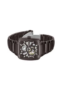 Reloj rectangular negro con correa de acero inoxidable, esfera transparente que muestra los engranajes internos y acentos plateados en los marcadores de horas.