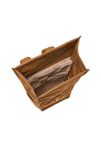 Beige Stoff-Einkaufsbeutel mit zwei Henkel, offenes Oberteil mit beigem Innenraum, zwei Fächer und einem Reißverschlussfach.
