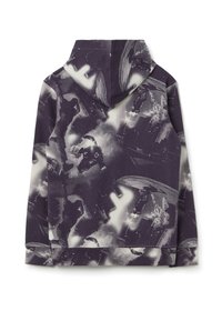 Felpa con cappuccio di colore viola scuro con una stampa astratta in bianco e nero a contrasto, caratterizzata da una texture morbida e una vestibilità rilassata.