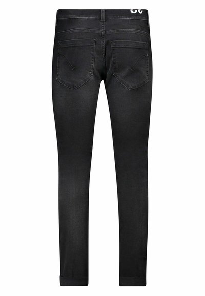 Jeans neri slim-fit con design a cinque tasche, realizzati in tessuto denim. Presentano una vita con logo e orli arrotolati.