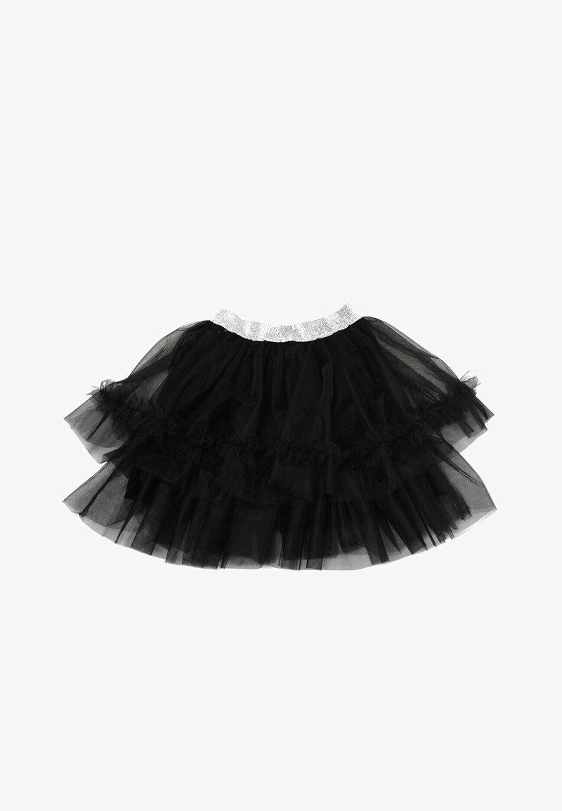 Jupe en tulle noire à plusieurs couches avec des volants et une large ceinture élastique argentée pailletée, à plat sur fond blanc.