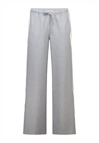 Grijze wijde broek met een elastische tailleband en trekkoord. Heeft witte zijstrepen en een gestructureerde stofafwerking.