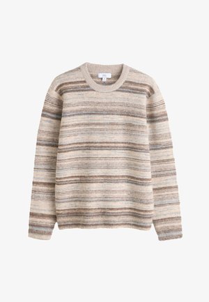 Maglione a collo tondo beige e marrone a righe, lavorato a maglia con maniche lunghe e polsini e orlo a coste, taglia media.