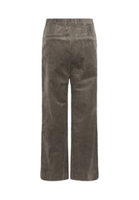 Bruine corduroy wijde broek met een gestructureerd oppervlak, twee achterzakken en een klassiek taillebandontwerp zonder zichtbare bevestiging.