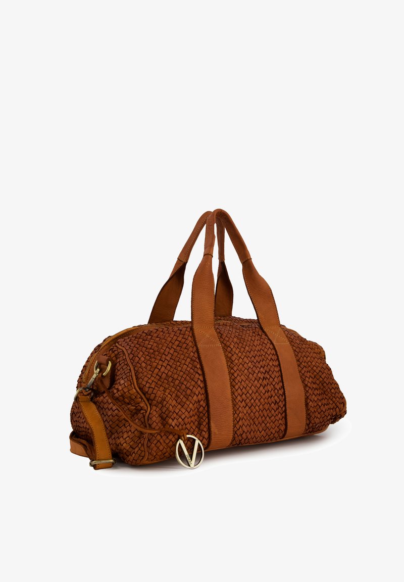 Brown woven leather duffel bag with smooth handles, gold hardware, and a side strap. Features a textured body and contrasting tan accents.