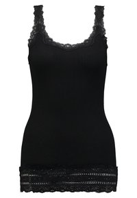 Schwarzes geripptes Tanktop mit Spitzenbesatz an den Trägern, am Rundhalsausschnitt und am Saum, das für eine figurbetonte Silhouette entworfen wurde.
