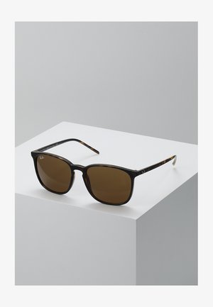 Braun getönte Sonnenbrille mit einem Schildpatt-Acetatgestell, quadratischer Form, dünnen Bügeln und silbernem Logo-Detail an der Seite.