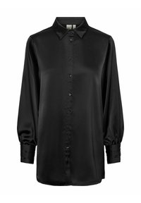 Black satin blouse with a collared neckline, long puff sleeves, and a front button closure. Smooth texture and shiny surface.