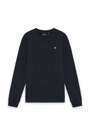 Sweat-shirt bleu marine à manches longues avec col rond et petit logo oiseau jaune brodé sur la poitrine gauche.