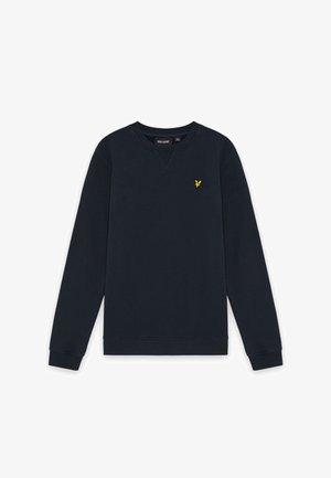 Sweat-shirt bleu marine à manches longues avec col rond et petit logo oiseau jaune brodé sur la poitrine gauche.