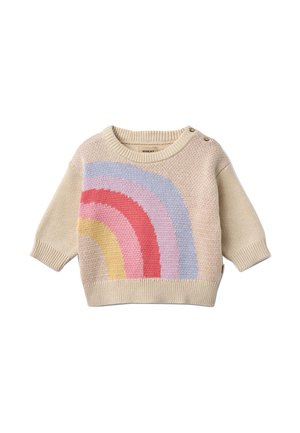 Beige knitted baby sweater with pastel rainbow stripes in yellow, pink, red, and blue, featuring buttons on one shoulder.
