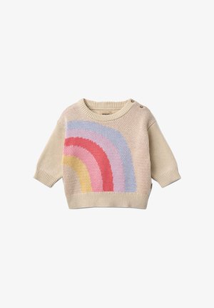 Beige strikket babytrøje med pastel regnbuestriber i gul, pink, rød og blå, med knapper på den ene skulder.