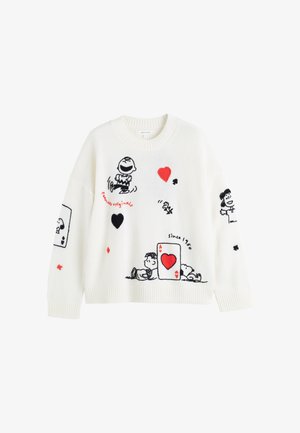 White knitted sweater featuring black and red cartoon designs, including playing cards and characters, with ribbed cuffs and hem.