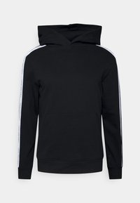Sweat à capuche noir avec poche kangourou, capuche à cordon de serrage et bande blanche sur le côté avec logo. Matière en coton doux.