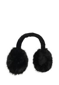Crne navlake za uši od umjetnog krzna povezane mekanim crnim tkanim remenom. Svaka navlaka za uši je okrugla i pahuljasta s glatkom unutarnjom oblogom.