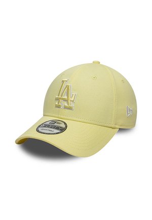Casquette de baseball jaune réglable avec une visière courbée et une broderie en relief du logo LA à l’avant ainsi que le logo New Era sur le côté.