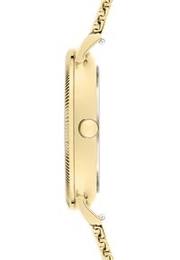 Goldfarbige Uhr mit einem glatten, gerundeten Gehäuse, einer strukturierten Lünette und einem Gliederarmband, das an der Seite eine kleine Krone besitzt.