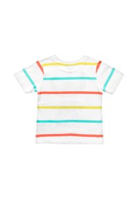 White short-sleeve t-shirt featuring horizontal stripes in orange, turquoise, and yellow. Soft cotton material with a relaxed fit.