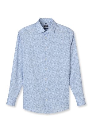 Camicia celeste a maniche lunghe con piccoli motivi floreali intricati e colletto classico, etichetta del marchio visibile all'interno del colletto.