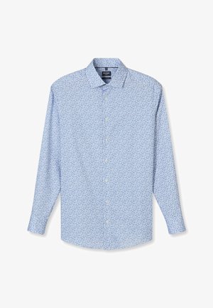 Camicia celeste a maniche lunghe con piccoli motivi floreali intricati e colletto classico, etichetta del marchio visibile all'interno del colletto.