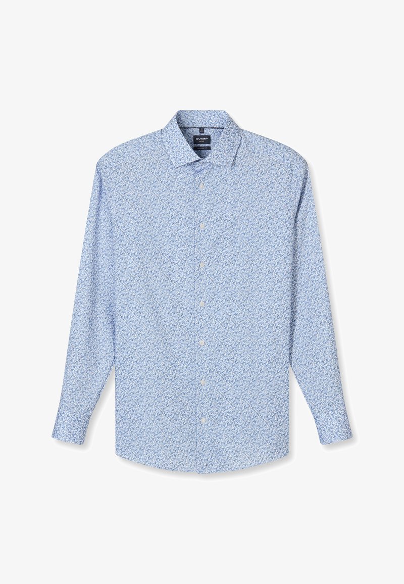Chemise bleu clair à manches longues boutonnée avec petit motif floral complexe et col classique, étiquette de la marque visible à l’intérieur du col.