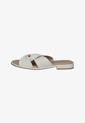 Sandale din piele albă, cu barete încrucișate, talpă plată și vârf rotunjit. Se caracterizează printr-o talpă interioară căptușită și un design minimalist.