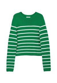 Grüner gestrickter Pullover mit weißen horizontalen Streifen, rundem Halsausschnitt und langen Ärmeln. Verkürztes Design und strukturierter Stoff.
