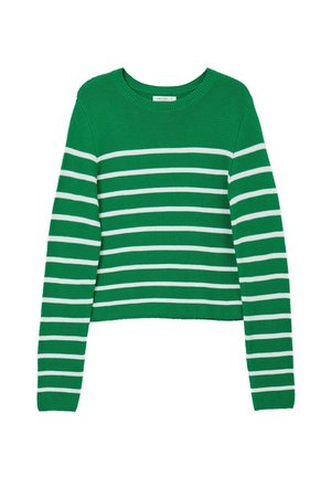 Grüner gestrickter Pullover mit weißen horizontalen Streifen, rundem Halsausschnitt und langen Ärmeln. Verkürztes Design und strukturierter Stoff.