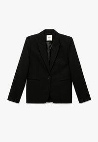 Sort skræddersyet blazer lavet af glat stof, med revers, en enkelt knaplukning og to frontlommer.