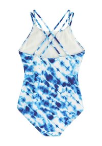 Maillot de bain une pièce en motif tie-dye bleu, avec un dos croisé et des bretelles fines. Fabriqué en tissu de bain extensible.