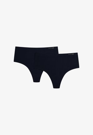 Navy blue cotton hipster underwear set, featuring a smooth texture and elastic waistband. Includes one pair of each size: small and medium.
