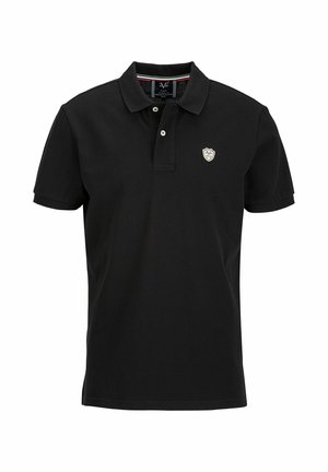 Schwarzes Poloshirt aus Baumwolle, mit einem klassischen Kragen, einer Drei-Knopf-Leiste und einem kleinen gestickten Wappen-Logo auf der Brust.