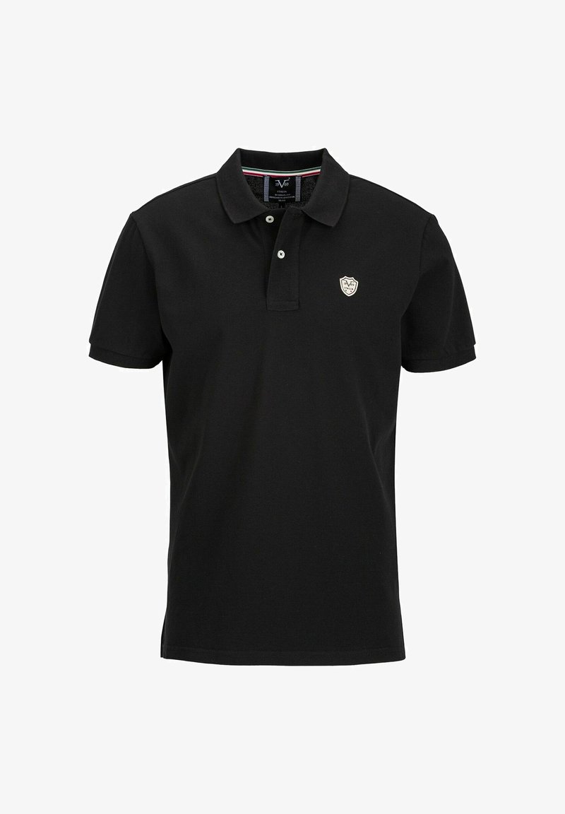 Schwarzes Poloshirt aus Baumwolle, mit einem klassischen Kragen, einer Drei-Knopf-Leiste und einem kleinen gestickten Wappen-Logo auf der Brust.