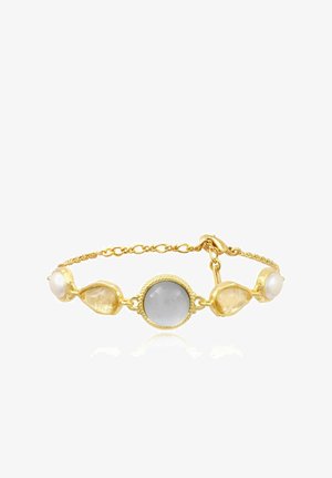 Bracelet chaîne en or avec une pierre précieuse grise ronde au centre, flanquée de deux pierres jaunes en forme de larme et de deux perles blanches à chaque extrémité.