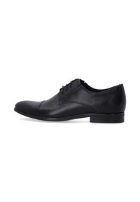 Zwarte leren dress shoe met een ronde neus, een slank ontwerp, een eenvoudige flap en een vetersluiting met vijf oogjes. Gladde textuur, lage hak.