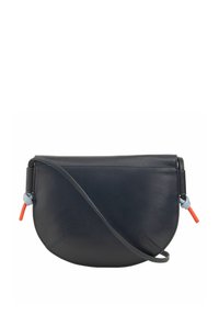 Borsa a tracolla in pelle di un blu scuro con forma arrotondata, caratterizzata da un accento in gomma blu e da linguette arancioni sulla zip.