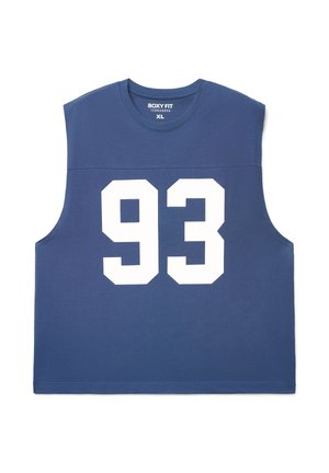 T-shirt blu senza maniche con vestibilità ampia, presenta un grande numero bianco "93" sul davanti e una scollatura rotonda. Realizzata in tessuto di cotone.