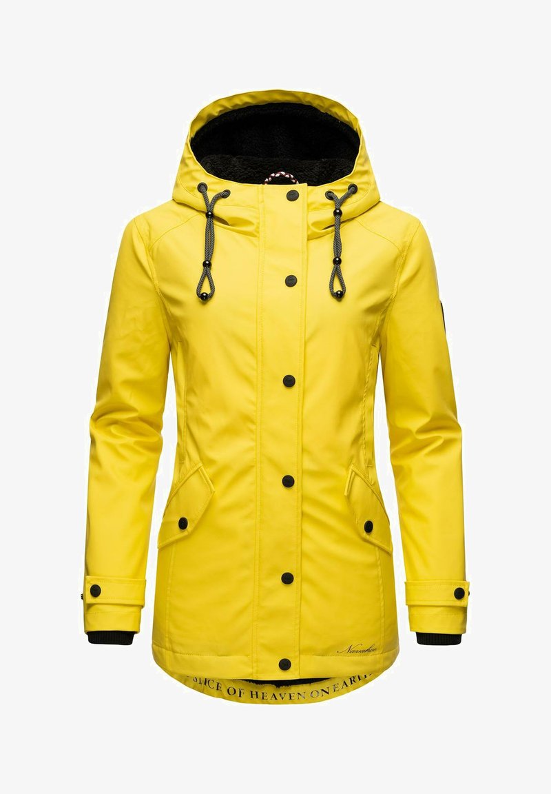 Yellow waterproof jacket with a hood, black snap buttons, two side pockets, and black ribbed cuffs; features a textured, fleecy interior.