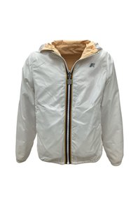 Giacca bianca con cappuccio e foderatura arancione a contrasto, dotata di una cerniera full zip con un accento multicolore e un logo sul petto.