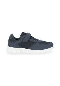 Scarpe da ginnastica navy con tomaia in rete, cinturino regolabile in velcro, punta rotonda e suola in gomma bianca con battistrada testurizzato.