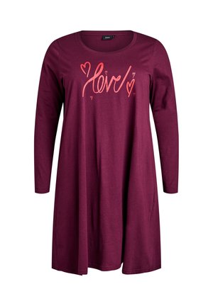 Robe prune à manches longues avec un col rond, ornée du texte "amour" en rouge et de petits cœurs sur la poitrine.