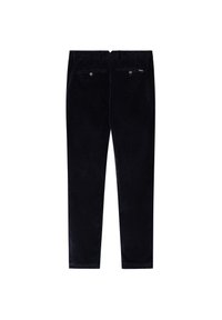 Pantalon en velours côtelé noir vu de dos avec deux poches à boutons et une petite étiquette en tissu sur la poche droite.