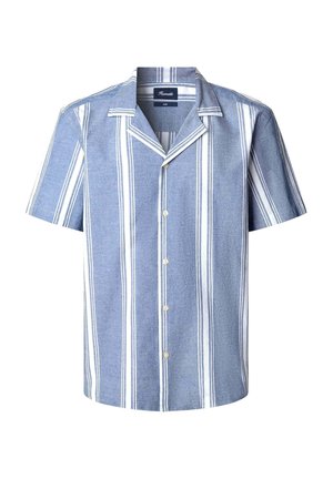 Camicia a maniche corte con bottoni di colore azzurro chiaro e strisce verticali bianche, dotata di colletto a punta e tessuto morbido e texturizzato.