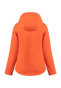 Giacca arancione con cappuccio caratterizzata da una superficie liscia, design aderente con cuciture curve e orlo arrotondato in vita.