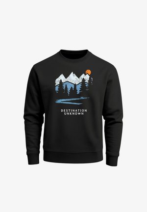 Black sweatshirt featuring a mountain and forest graphic with blue and orange accents, and the text "DESTINATION UNKNOWN" in white.