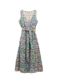 Ärmelloses Kleid mit Blumenmuster und V-Ausschnitt, aus leichtem Stoff gefertigt. Verfügt über einen gebundenen Gürtel in der Taille und einen schwingenden Rock.