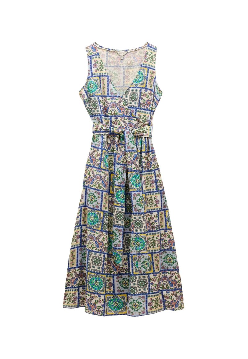 Ärmelloses Kleid mit Blumenmuster und V-Ausschnitt, aus leichtem Stoff gefertigt. Verfügt über einen gebundenen Gürtel in der Taille und einen schwingenden Rock.